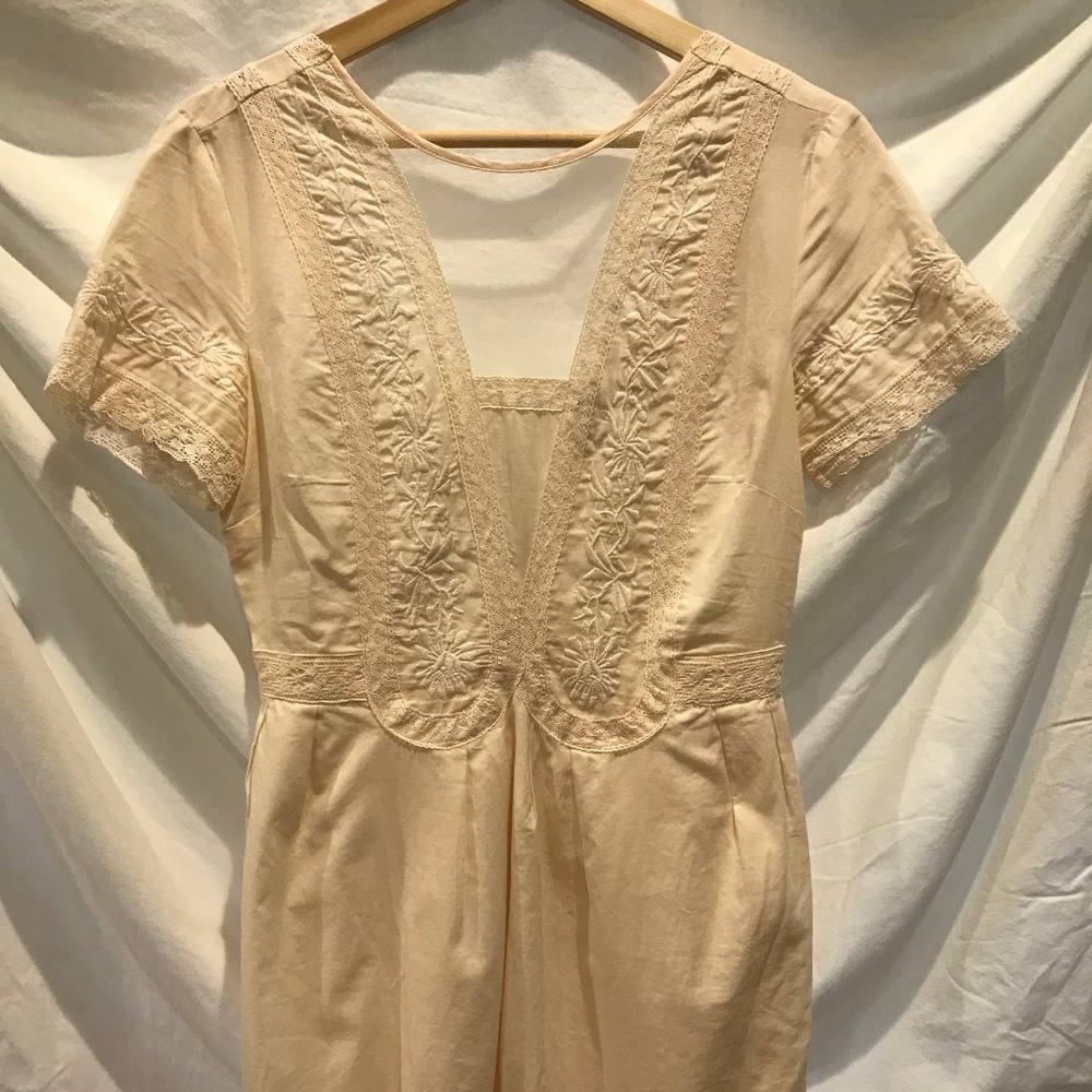 Cream Dress w/ Floral Detailing and Mesh
